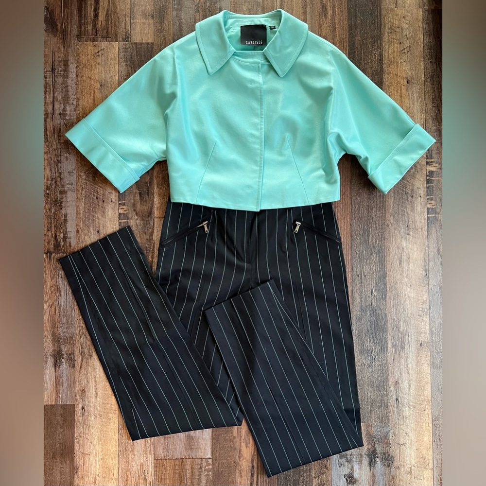 Carlisle 3 Piece Suit Set with Jacket, Polka dot skirt and pinstriped trousers